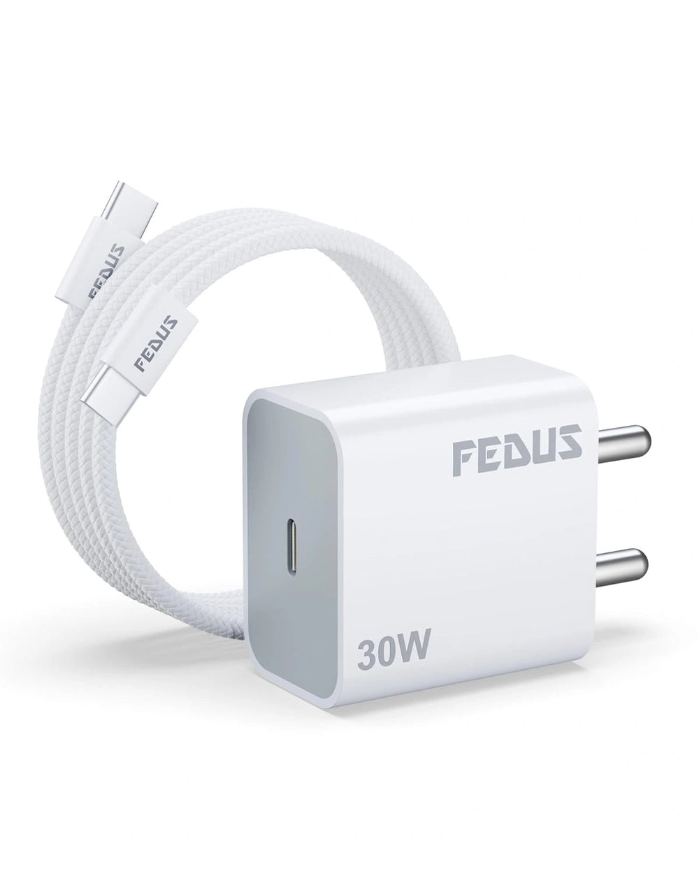 FEDUS Bolt Pro iPhone Charger 30W Type C Fast Adapter with Type C to Type C Cable | PD 3.0 & PPS, Compatible with iPhone 17, 16,15 Pro Max, iPad Pro (M4), MacBook Air & Samsung | Overheat Protection(White, 1 Year Warrantee) FEDUS