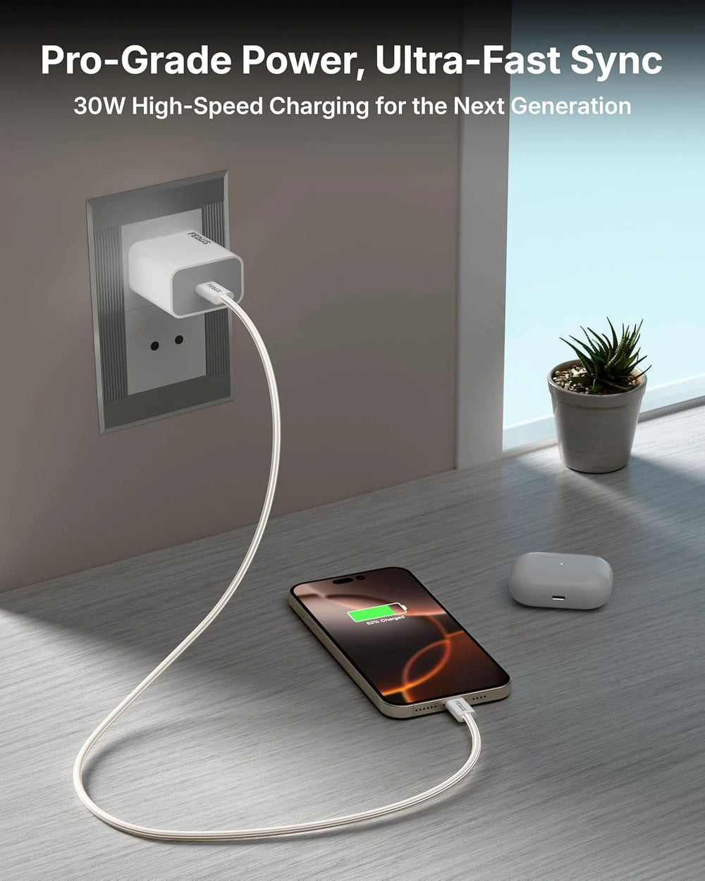 FEDUS Bolt Pro iPhone Charger 30W Type C Fast Adapter with Type C to Type C Cable | PD 3.0 & PPS, Compatible with iPhone 17, 16,15 Pro Max, iPad Pro (M4), MacBook Air & Samsung | Overheat Protection(White, 1 Year Warrantee) FEDUS
