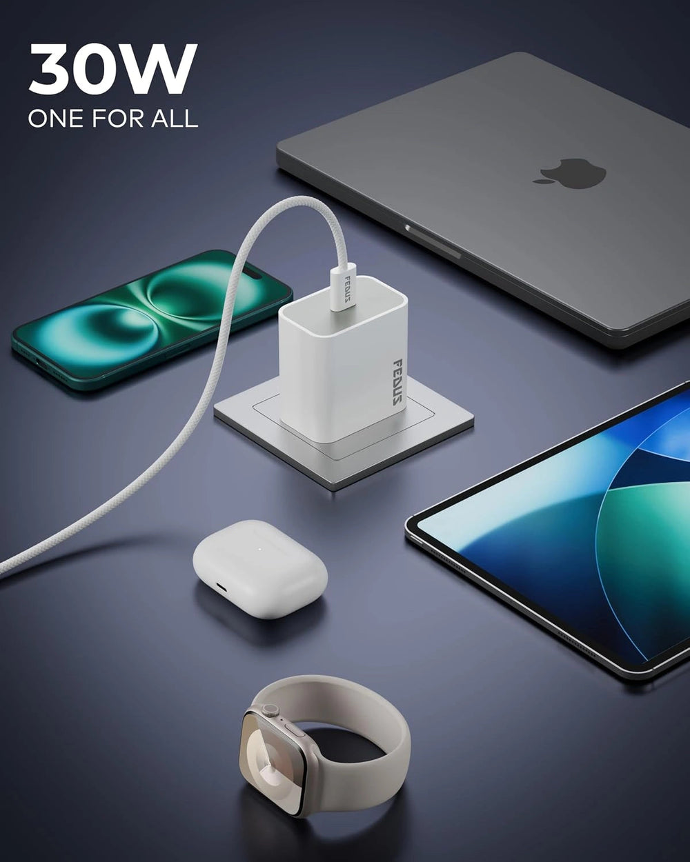 FEDUS Bolt Pro iPhone Charger 30W Type C Fast Adapter with Type C to Type C Cable | PD 3.0 & PPS, Compatible with iPhone 17, 16,15 Pro Max, iPad Pro (M4), MacBook Air & Samsung | Overheat Protection(White, 1 Year Warrantee) FEDUS