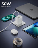FEDUS Bolt Pro iPhone Charger 30W Type C Fast Adapter with Type C to Type C Cable | PD 3.0 & PPS, Compatible with iPhone 17, 16,15 Pro Max, iPad Pro (M4), MacBook Air & Samsung | Overheat Protection(White, 1 Year Warrantee) FEDUS