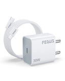FEDUS Bolt Pro iPhone Charger 30W Type C Fast Adapter with Type C to Type C Cable | PD 3.0 & PPS, Compatible with iPhone 17, 16,15 Pro Max, iPad Pro (M4), MacBook Air & Samsung | Overheat Protection(White, 1 Year Warrantee) FEDUS