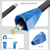 Blue cable protector with Ethernet cable, showing dimensions and support for cable OD 6 mm.