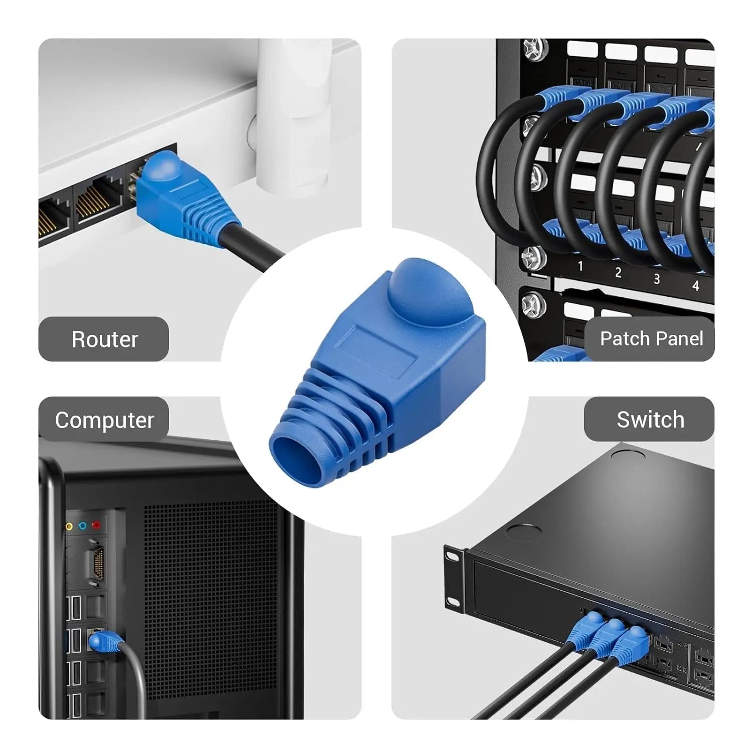 Blue Ethernet cable connector with network equipment illustration