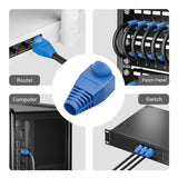 Blue Ethernet cable connector with network equipment illustration