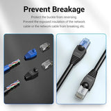 Network cable connectors with text explaining their function on a white background