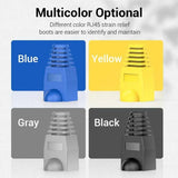 Four strain relief boots in blue, yellow, gray, and black with text indicating color options.