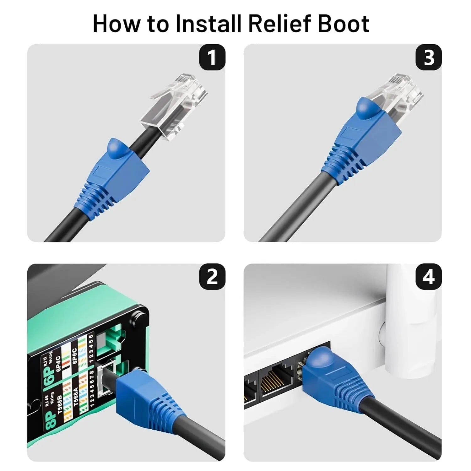 Step-by-step guide on how to install a relief boot on an Ethernet cable.