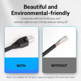Comparison of RJ45 plug with and without a network cable on a gray background.