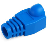 Blue Ethernet cable connector on a white background