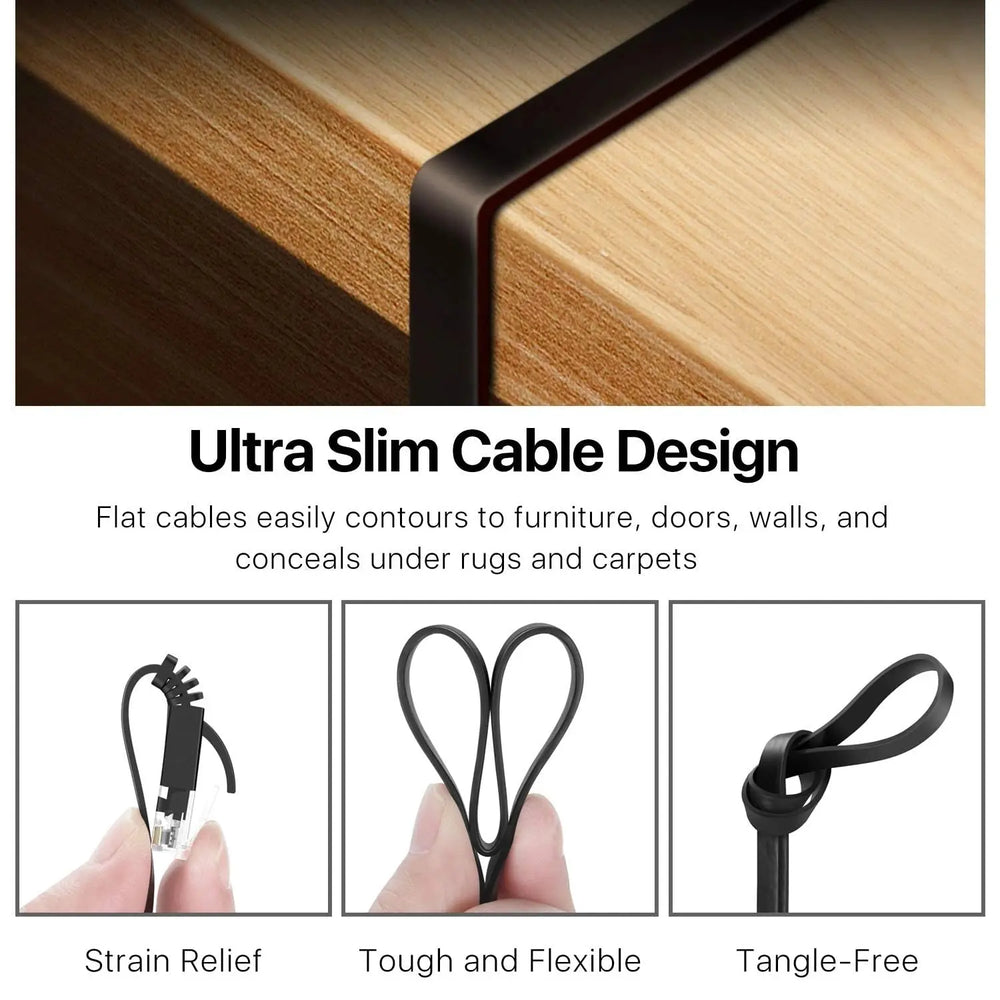 FEDUS Cat6 Ethernet Cable, Flat RJ45 LAN Cable wire High Speed 250MHZ/1Gbps UTP LAN Cable, Network Internet Cable, Patch Computer Cord Gigabit Category 6 Wires for Modem, Router Black FEDUS