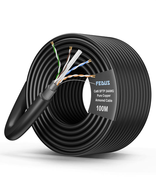 FEDUS Cat6 SFTP 24AWG Pure Copper Twisted Pair Armored Cable Roll Black