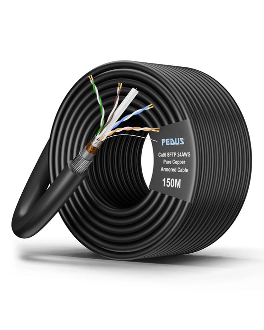 FEDUS Cat6 SFTP 24AWG Pure Copper Twisted Pair Armored Cable Roll Black