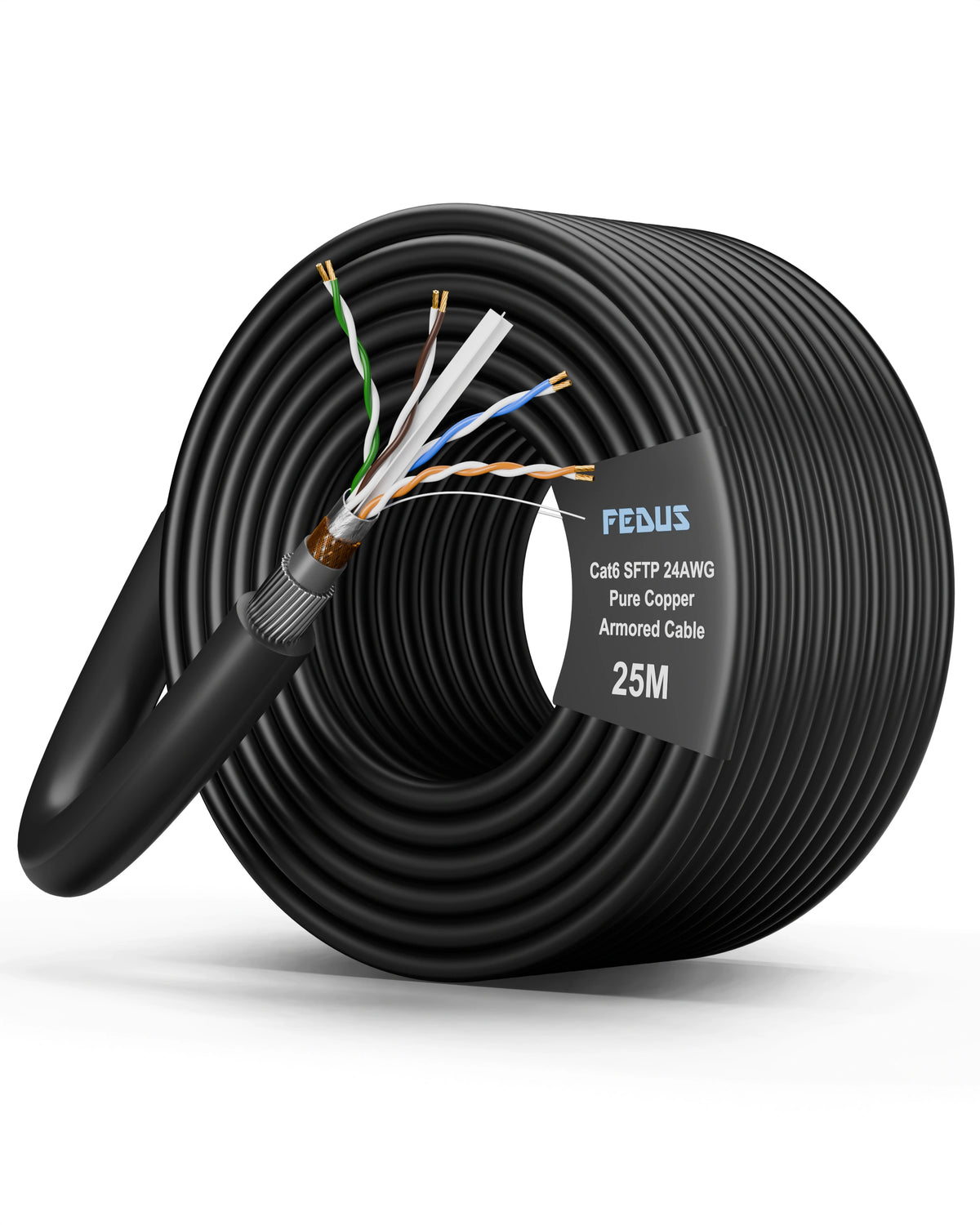 Coiled cable with a label on a white background