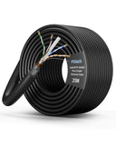 Coiled cable with a label on a white background