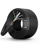 Coiled cable with a label on a white background