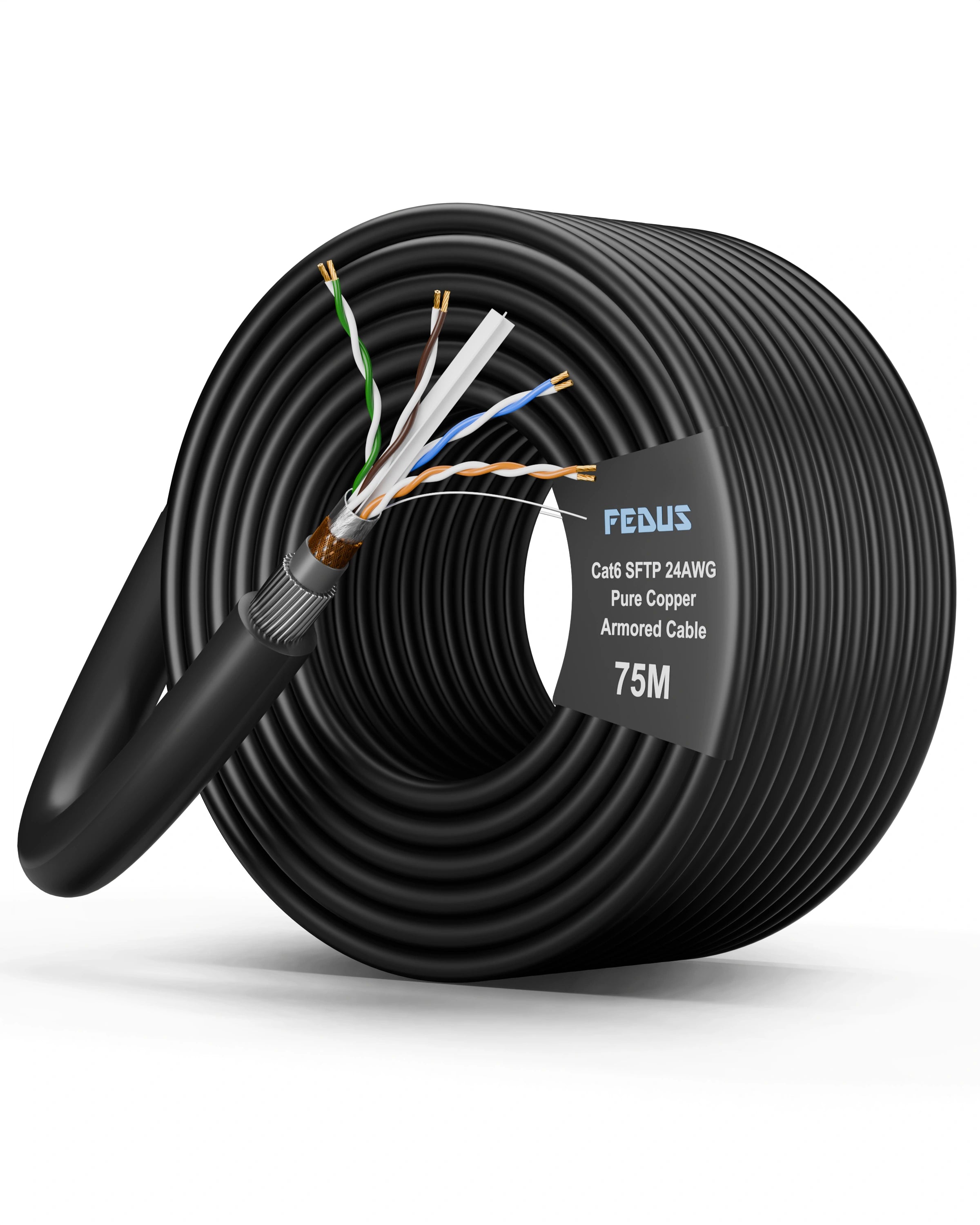 Coiled cable with a label on a white background