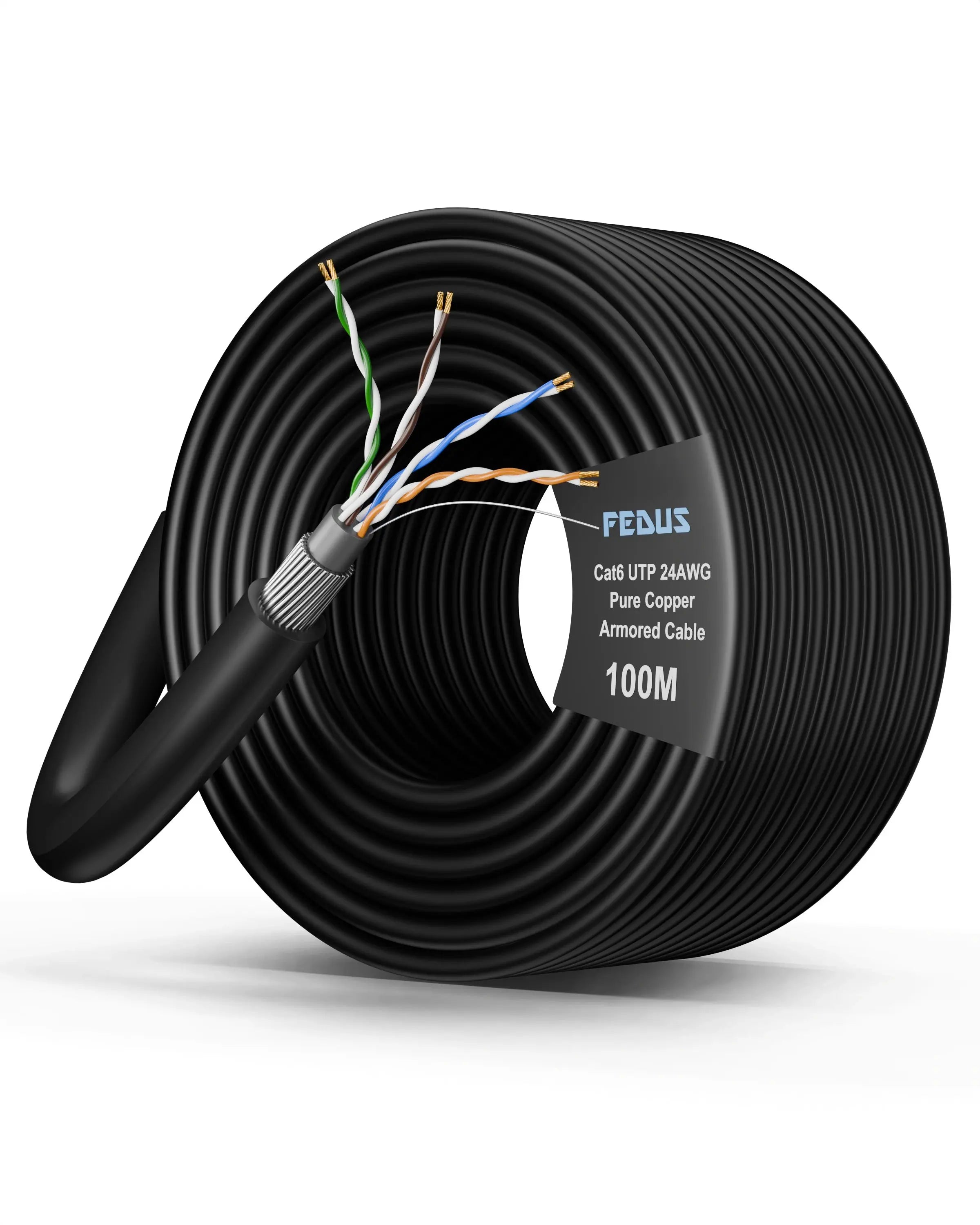 FEDUS Cat6 UTP 24AWG Pure Copper Twisted Pair Armored Cable Roll Black FEDUS