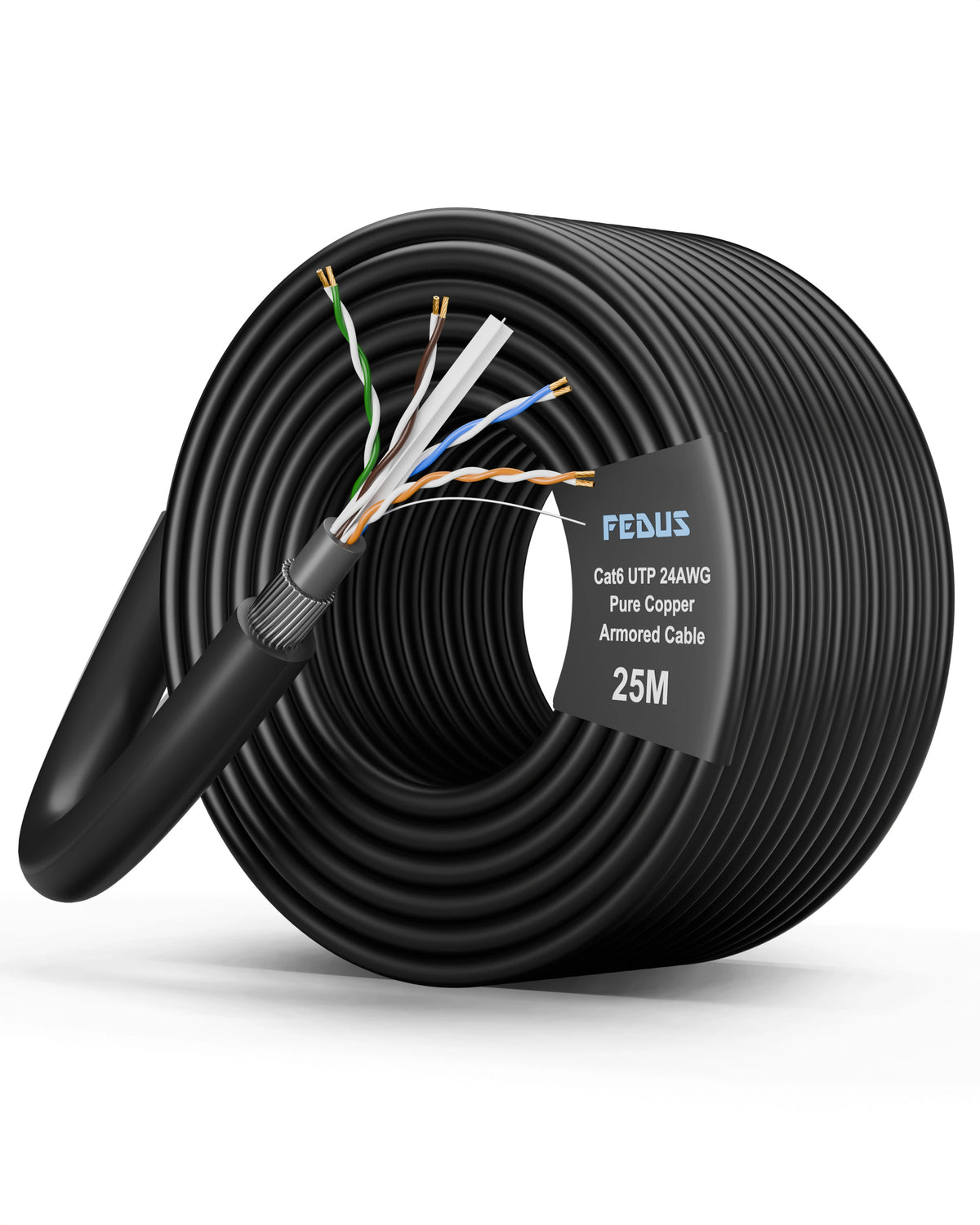 Coiled cable with a label indicating 'FEDUS' and '25M' on a white background