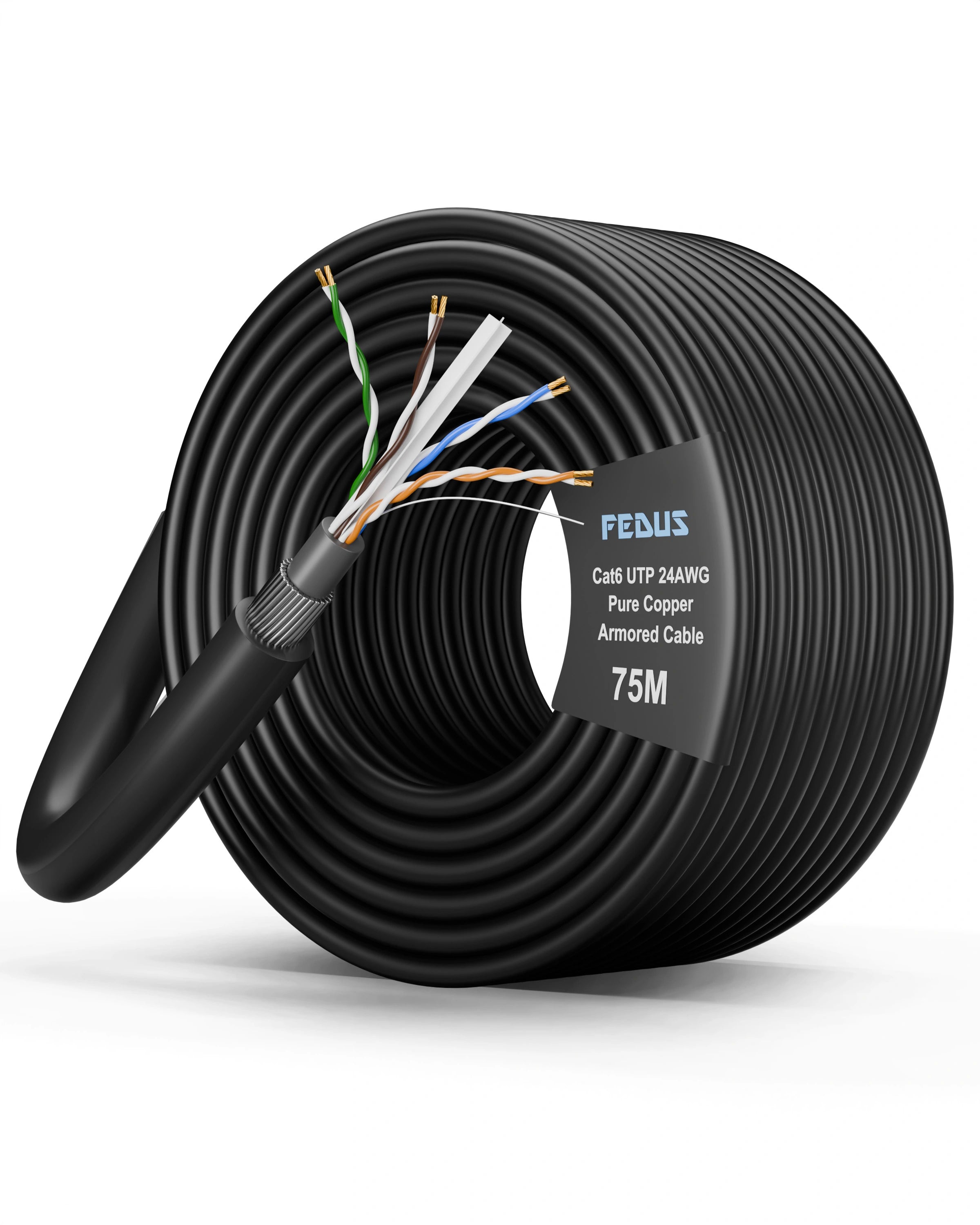 Coiled cable with a label indicating 'FEDUS' and '25M' on a white background