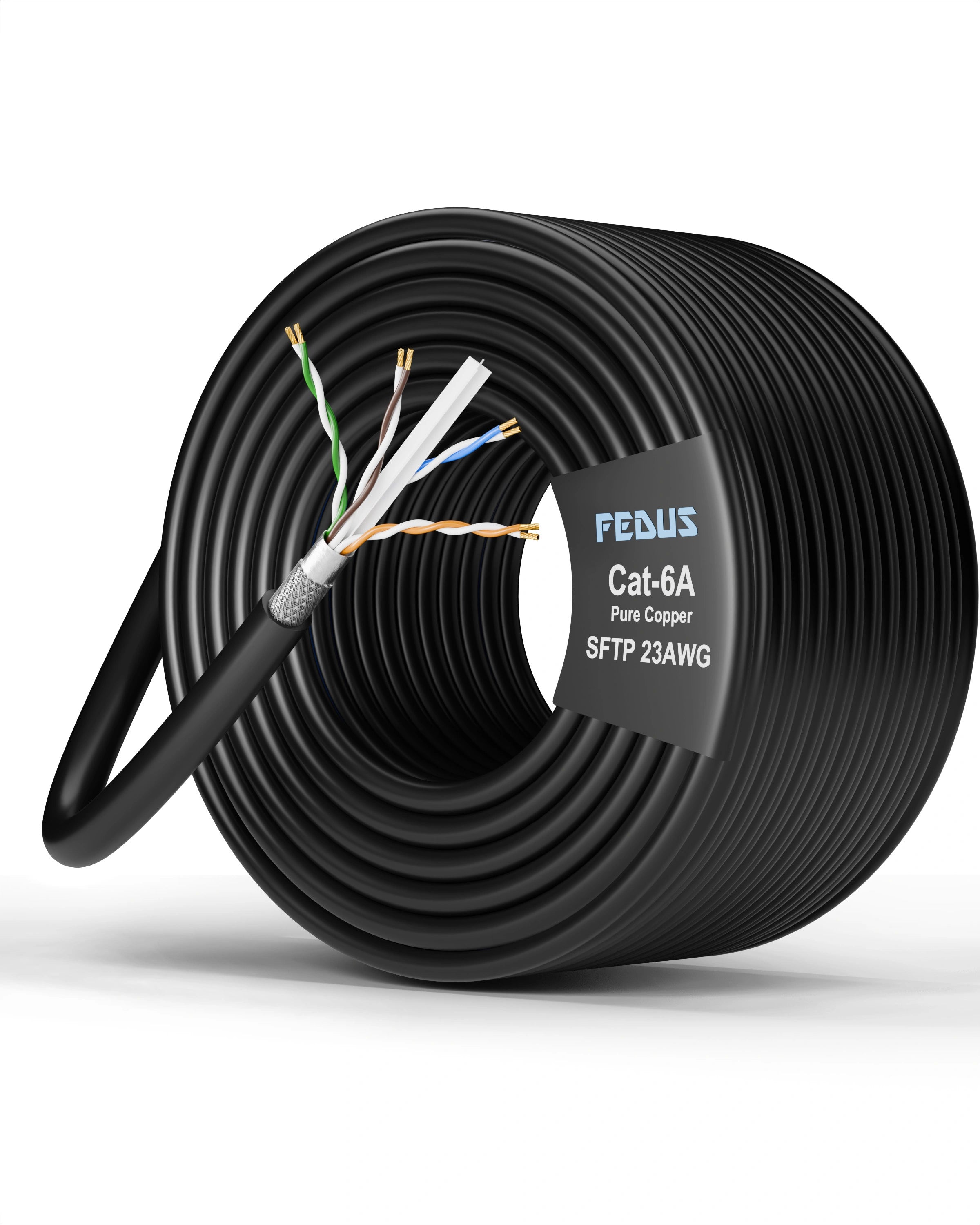 Coiled black cable with FEDUS label on a white background