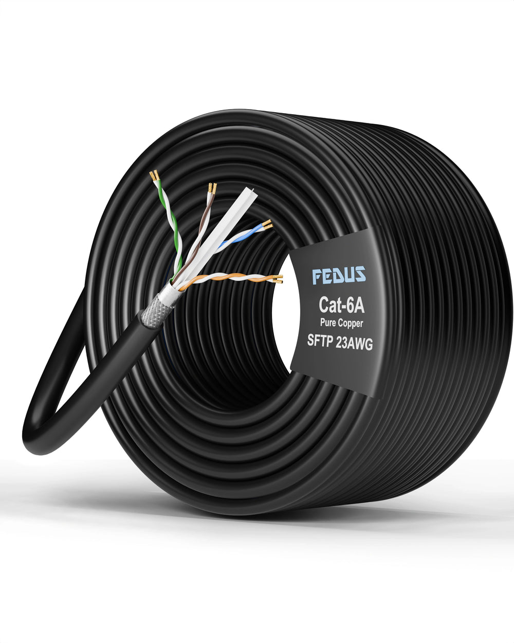 Coiled black cable with FEDUS label on a white background
