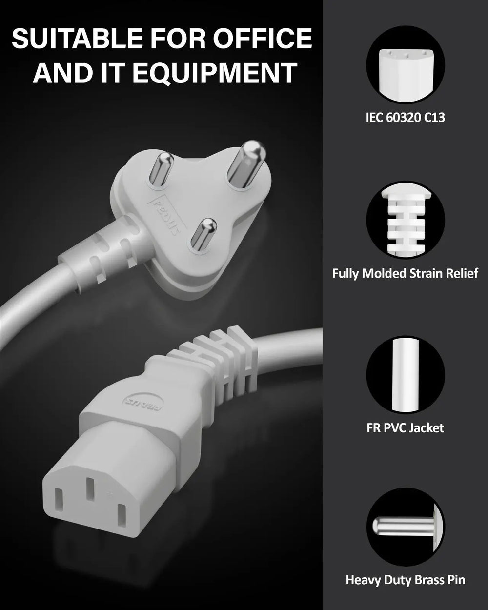 Computer Power Cable Cord – IEC Mains, for PC/Desktop/Monitor/Printer (Black/White) Cheeku Technologies