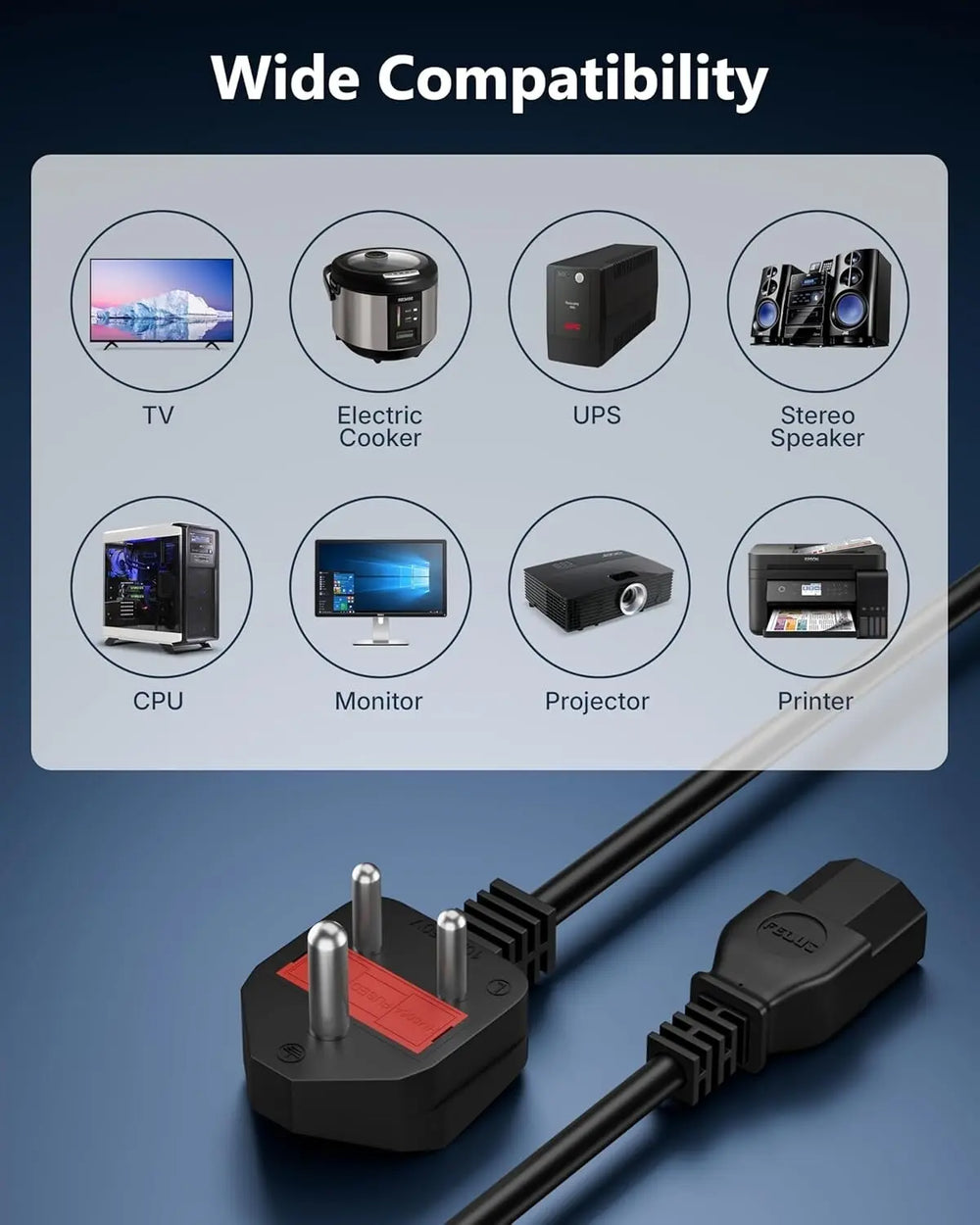 FEDUS 1.8 Meter Desktop PC Computer Power Cord with Protection Fuse, 2500 Watt IEC C13 Power Cable for Gaming pc, 3 Pin Ac Wire Lead for SMPS Power Supply, Monitor, Printer, Electric Kettle, TV FEDUS