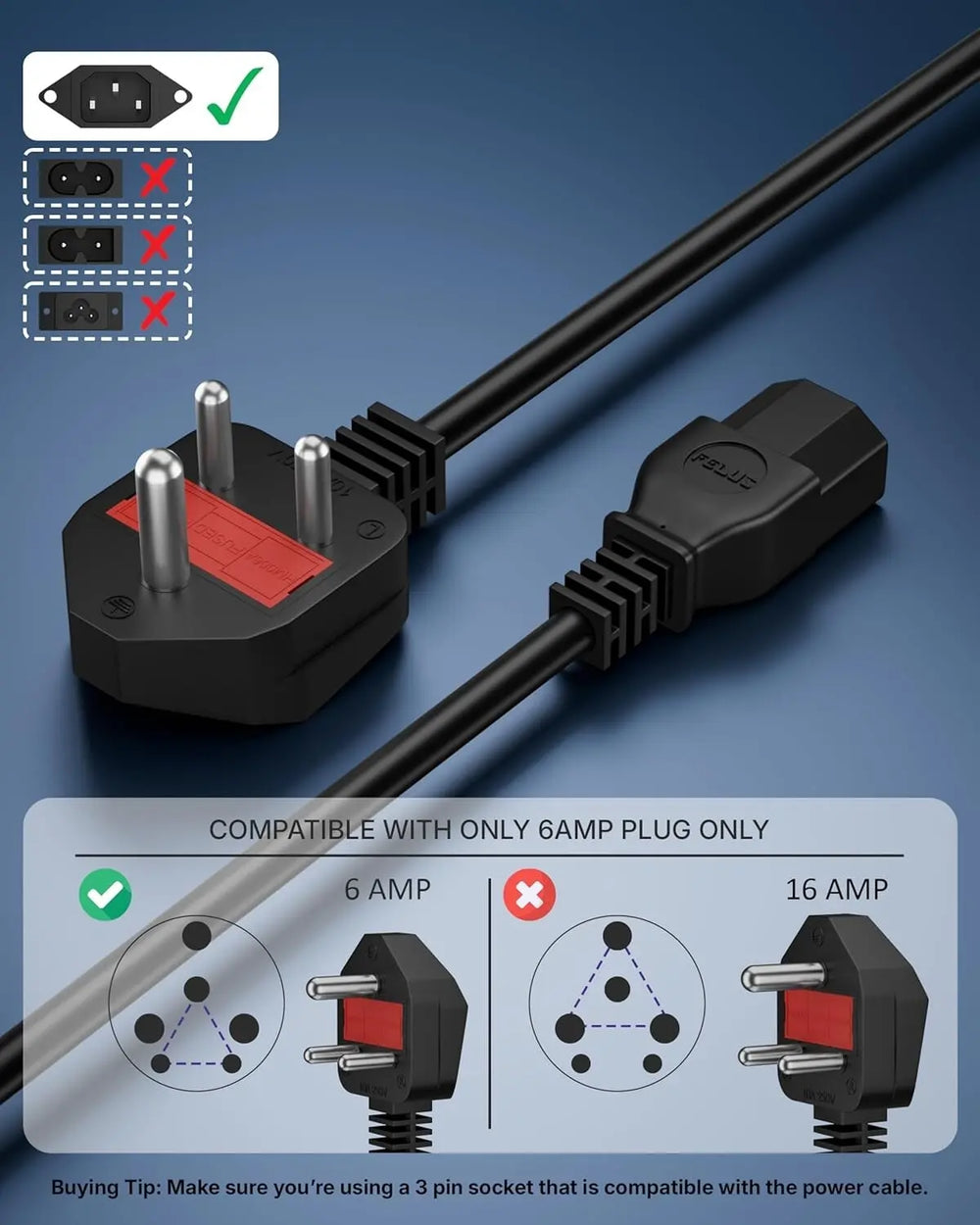 FEDUS 1.8 Meter Desktop PC Computer Power Cord with Protection Fuse, 2500 Watt IEC C13 Power Cable for Gaming pc, 3 Pin Ac Wire Lead for SMPS Power Supply, Monitor, Printer, Electric Kettle, TV FEDUS