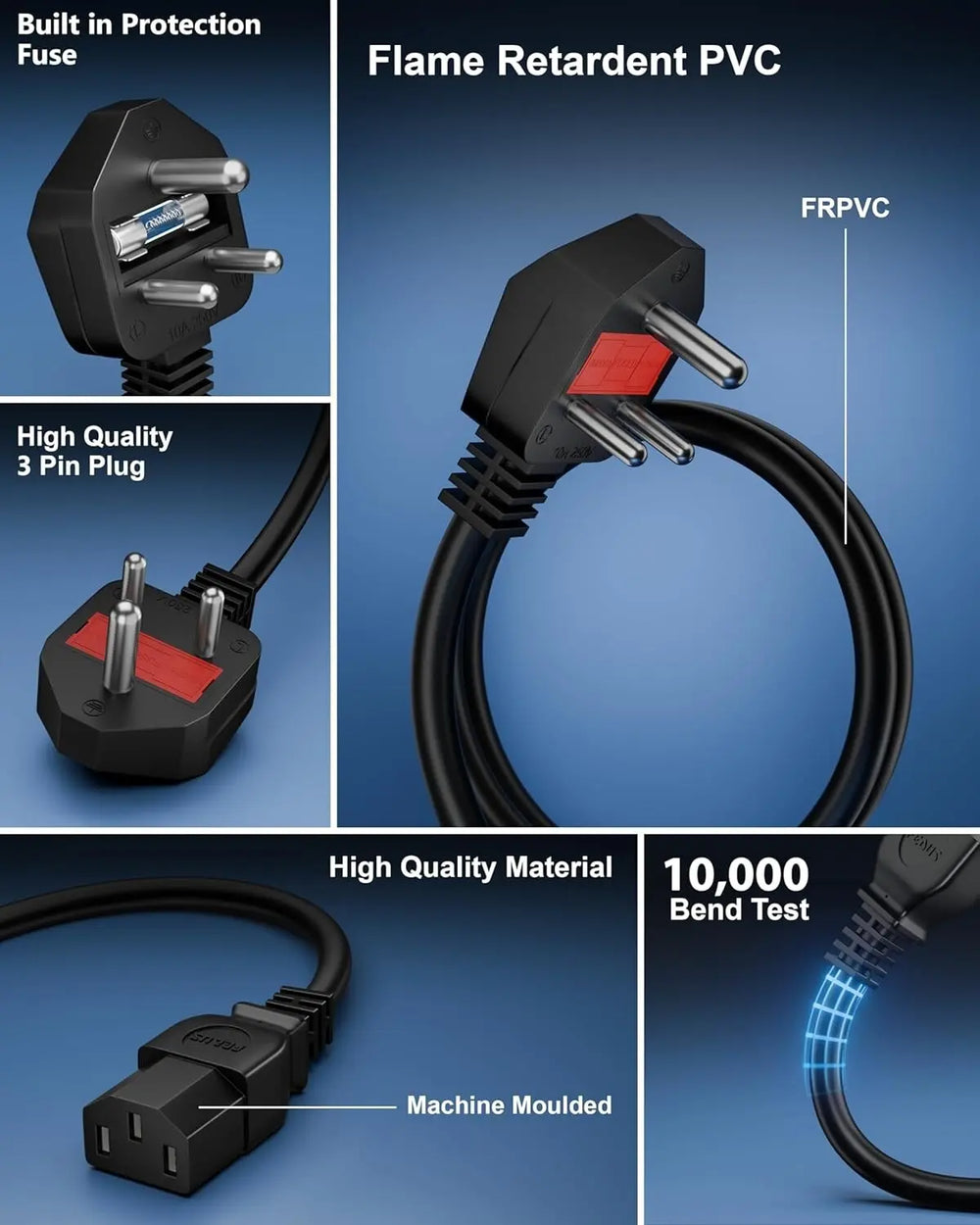 FEDUS 1.8 Meter Desktop PC Computer Power Cord with Protection Fuse, 2500 Watt IEC C13 Power Cable for Gaming pc, 3 Pin Ac Wire Lead for SMPS Power Supply, Monitor, Printer, Electric Kettle, TV FEDUS