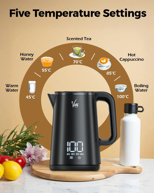 FEDUS Viva Digital Display Temperature Control Electric Kettle, 1.8 Litres 1500W Hot Water Kettle Jug, Insulated Cool-Touch Exterior, Keep Warm & Temperature Settings Auto Shut-Off Boil Dry Protection