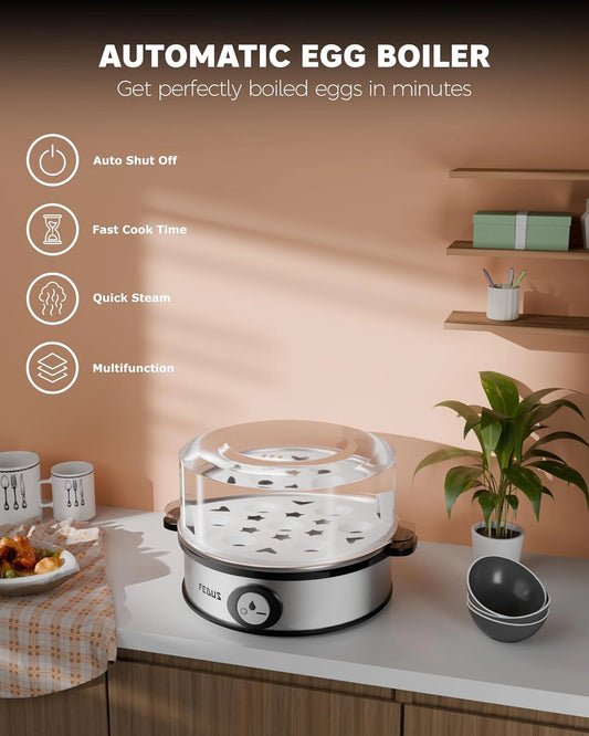 FEDUS EGGLINE Automatic Egg Boiler maker Electric Multi-Function 7 Eggs Capacity Cooker Steamer machine for Hard, Medium, Soft Eggs, Stainless steel Heating Plate, Auto Shut-Off, Fast boiling Boils