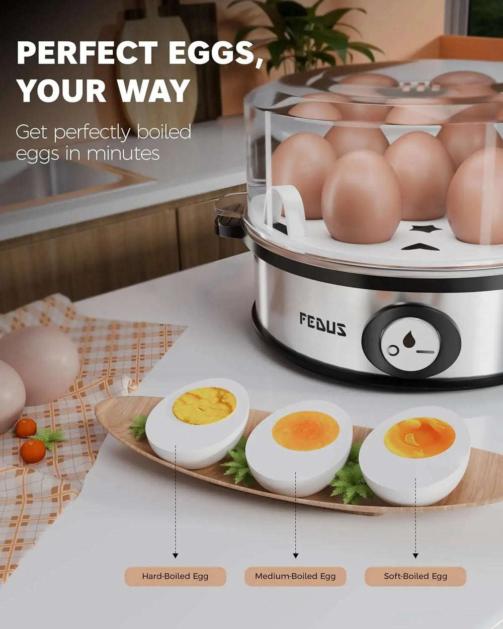 FEDUS EGGLINE Automatic Egg Boiler maker Electric Multi-Function 7 Eggs Capacity Cooker Steamer machine for Hard, Medium, Soft Eggs, Stainless steel Heating Plate, Auto Shut-Off, Fast boiling Boils FEDUS