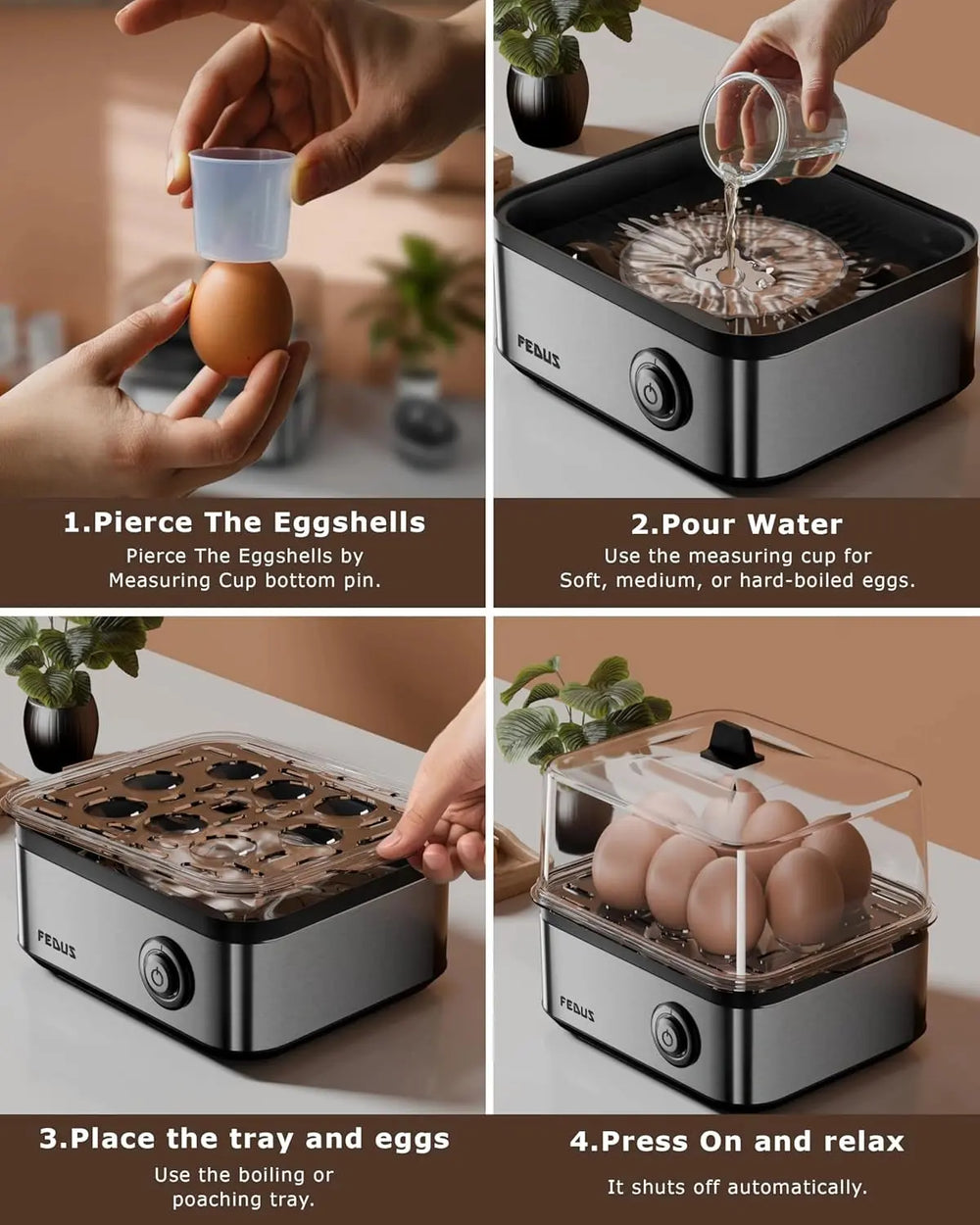 FEDUS EGGLINE Automatic Egg Boiler maker Electric Multi-Function Poacher 8 Eggs Cooker Steamer machine for Hard Medium, Soft Eggs SS Heating Plate, Auto Shut-Off Fast boiling Boils Steamed Vegetables FEDUS