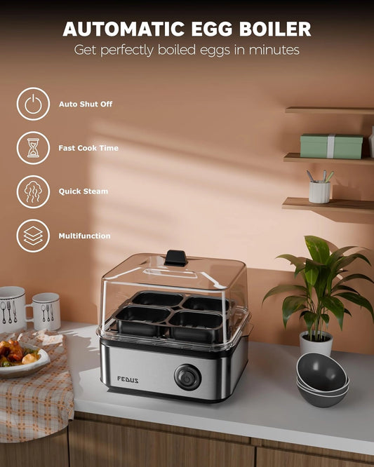 FEDUS EGGLINE Automatic Egg Boiler maker Electric Multi-Function Poacher 8 Eggs Cooker Steamer machine for Hard Medium, Soft Eggs SS Heating Plate, Auto Shut-Off Fast boiling Boils Steamed Vegetables