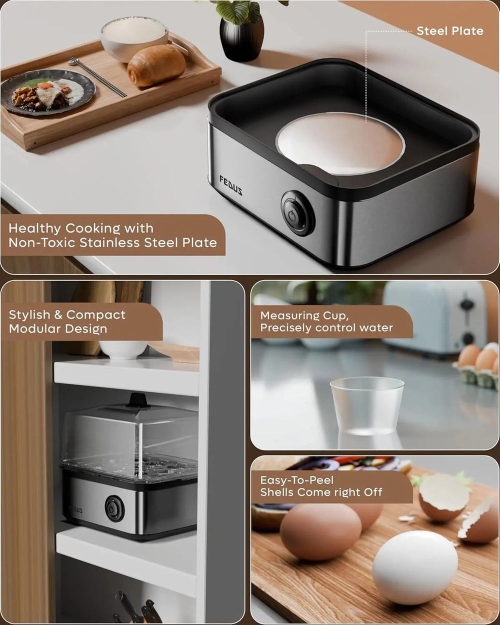 FEDUS EGGLINE Automatic Egg Boiler maker Electric Multi-Function Poacher 8 Eggs Cooker Steamer machine for Hard Medium, Soft Eggs SS Heating Plate, Auto Shut-Off Fast boiling Boils Steamed Vegetables FEDUS