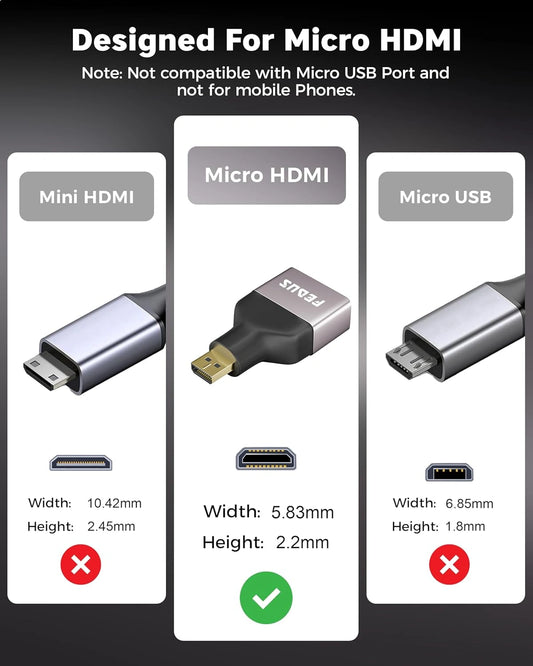 FEDUS EIKON Micro HDMI to HDMI Adapter (Male to Female), 8K@60Hz, 48Gbps High-Speed, Connector Converter, Compatible with GoPro Hero, Raspberry Pi 4/5, Camera to TV/Monitor, Projector (NOT Micro USB)