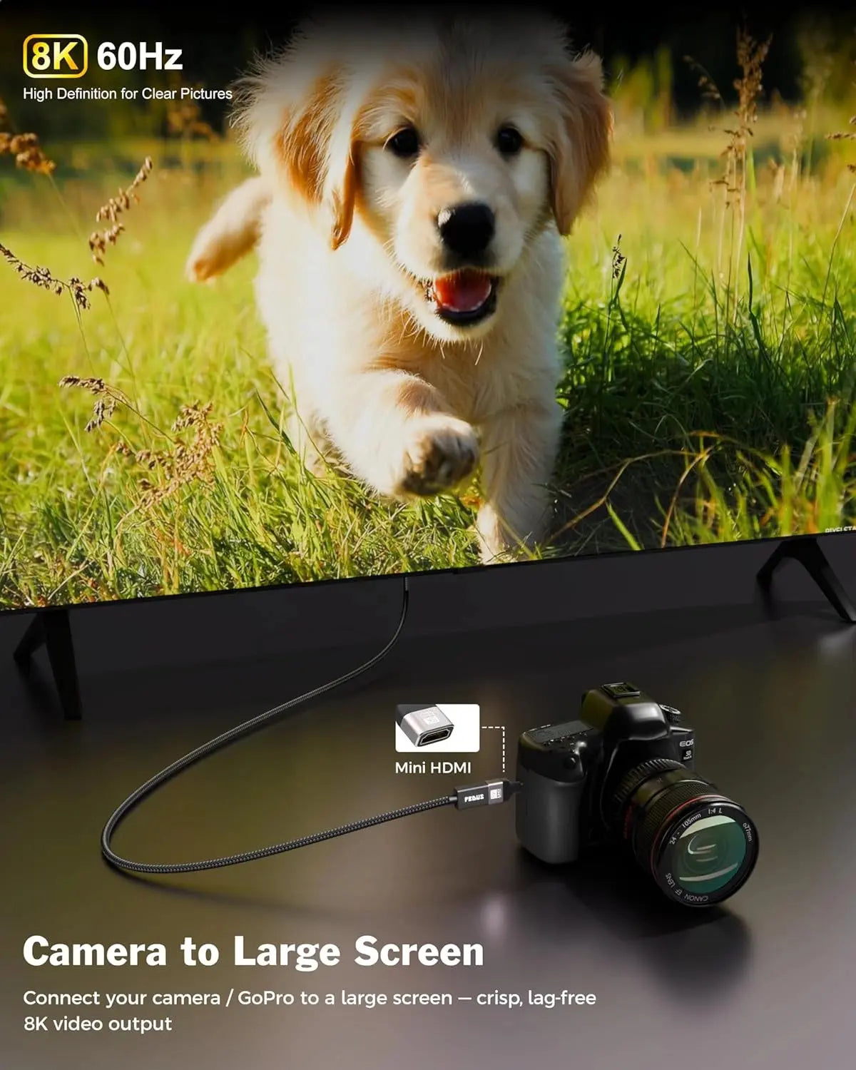 FEDUS EIKON Mini HDMI to Standard HDMI Adapter 8K@60Hz, 4K@144Hz, 2K@240Hz, Male to Female Converter, 48Gbps, support HDR, 3D for DSLR Camera, Camcorder, Laptop, Pi Zero, Monitor, Desktop, Projector FEDUS