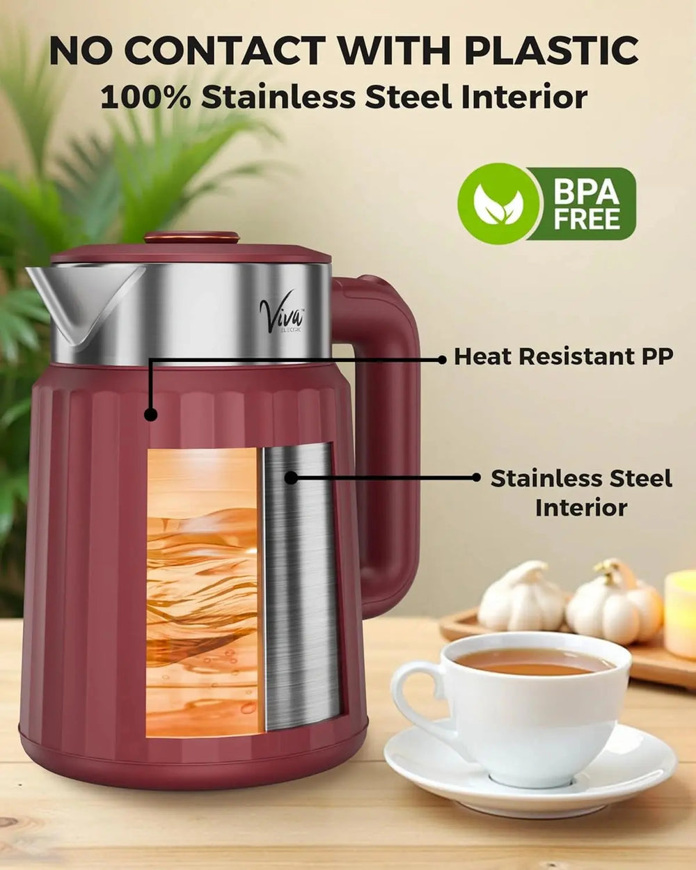 FEDUS Aqua Viva Electric Kettle, 1.8 Litres hot water kettle Jug, 1500W Stainless Steel Body, Power Indicator Automatic Cut-off used for boiling Water, making tea and coffee, instant noodles, soup etc. (Red) FEDUS