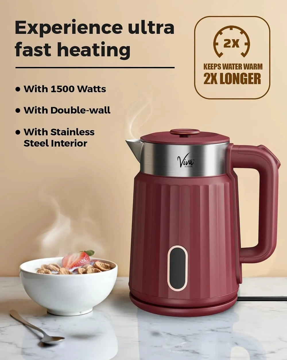 FEDUS Aqua Viva Electric Kettle, 1.8 Litres hot water kettle Jug, 1500W Stainless Steel Body, Power Indicator Automatic Cut-off used for boiling Water, making tea and coffee, instant noodles, soup etc. (Red) FEDUS
