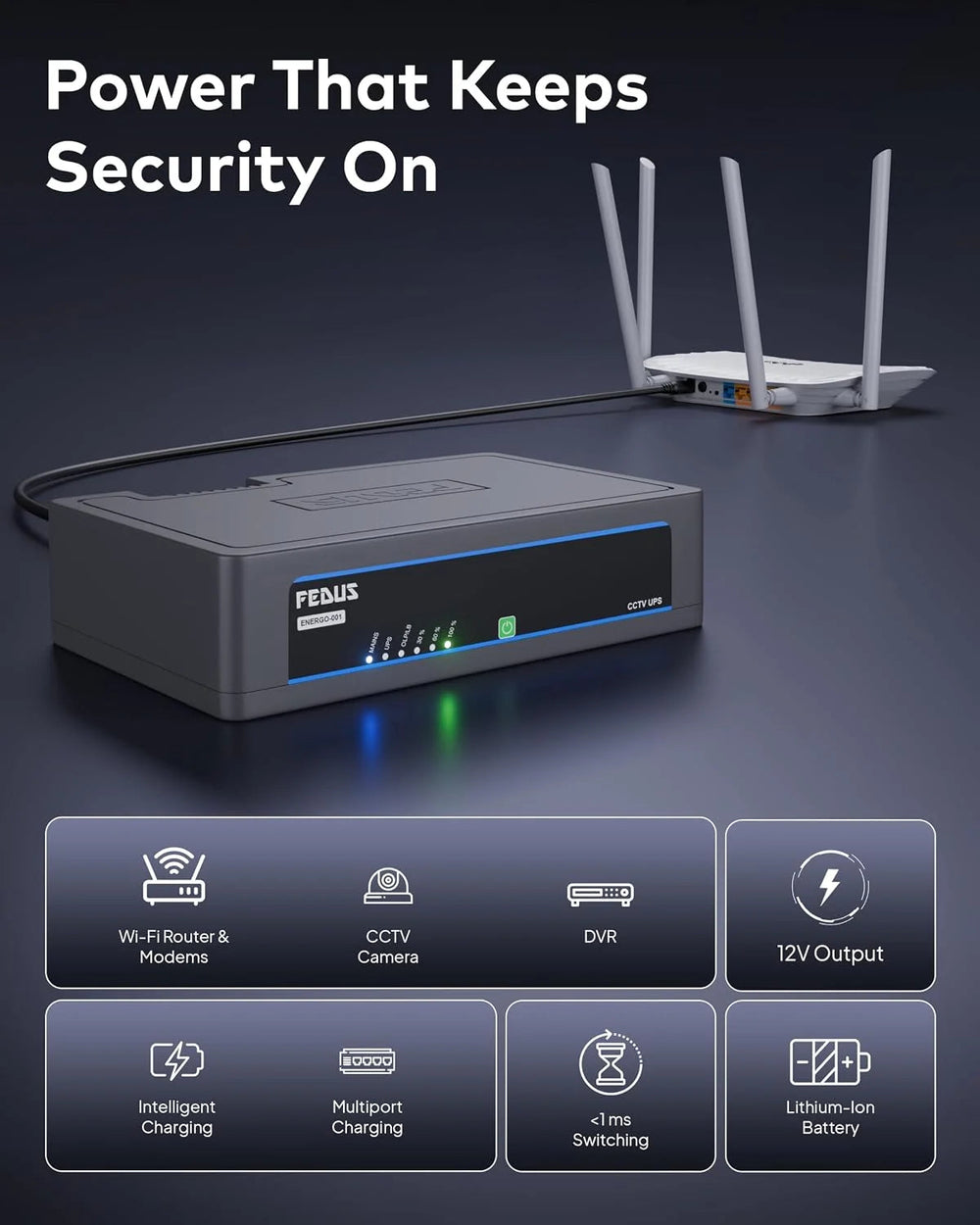 FEDUS ENERGO 8 Channel CCTV UPS 12V 8Amp Battery Backup for Wi-Fi Router, Security Camera, DVR, CCTV UPS with Zero-Lag Switching, Li-ion Battery & Over-Current Protection 2-Year Warranty FEDUS