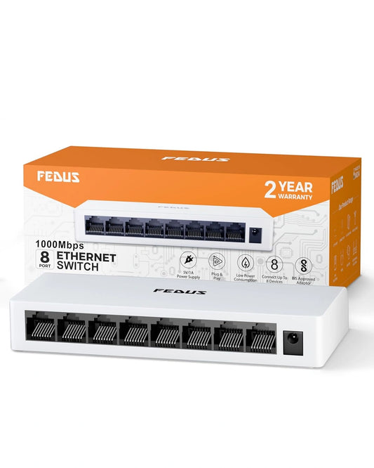 FEDUS Ethernet Switch, 8 Port Gigabit Ethernet Splitter, Plug & Play, Desktop Network Switch Hub, Unmanaged, Compact, with LED, Fanless Quiet, for Internet Cable, Laptop, Router, NAS
