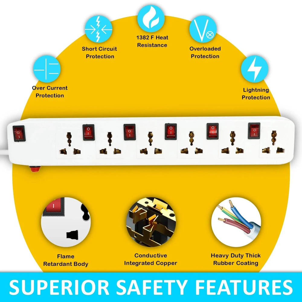 FEDUS extension-cords, Long Extension Board Extension Box | Spike Guard 6 Socket 6 Switch Junction Box with Switch, Extension Cords Cord, Spike Buster, Extension Board FEDUS
