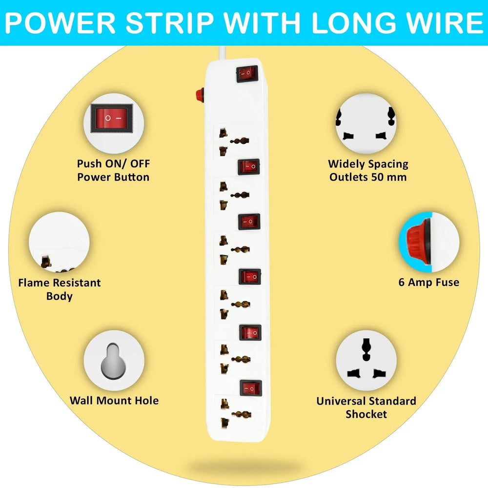 FEDUS extension-cords, Long Extension Board Extension Box | Spike Guard 6 Socket 6 Switch Junction Box with Switch, Extension Cords Cord, Spike Buster, Extension Board FEDUS