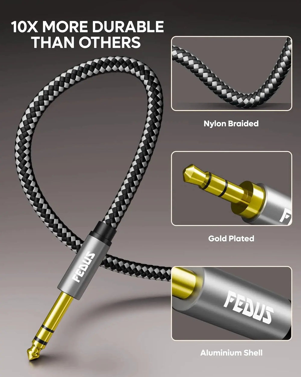 FEDUS Gold-Plated 3.5mm TRS to 6.35mm Audio Cable 1/8 to 1/4 Mono P38 Stereo, Guitar to Aux Male Cord with Zinc Alloy Housing and Nylon Braid for Guitar, Laptop, Home Theater, Speaker, Amplifiers FEDUS