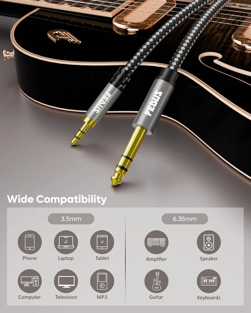 FEDUS Gold-Plated 3.5mm TRS to 6.35mm Audio Cable 1/8 to 1/4 Mono P38 Stereo, Guitar to Aux Male Cord with Zinc Alloy Housing and Nylon Braid for Guitar, Laptop, Home Theater, Speaker, Amplifiers FEDUS