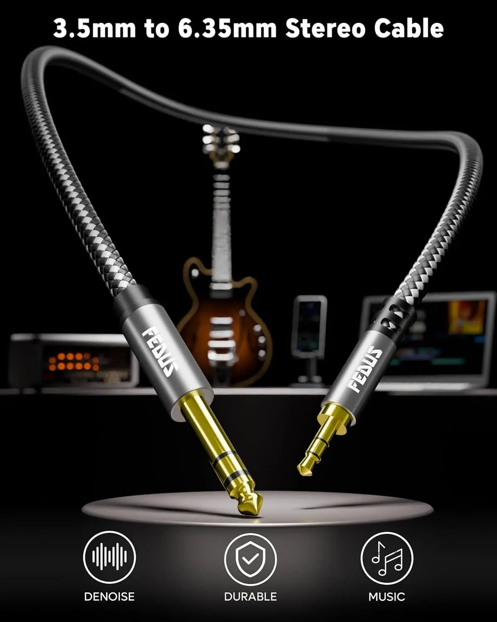 FEDUS Gold-Plated 3.5mm TRS to 6.35mm Audio Cable 1/8 to 1/4 Mono P38 Stereo, Guitar to Aux Male Cord with Zinc Alloy Housing and Nylon Braid for Guitar, Laptop, Home Theater, Speaker, Amplifiers FEDUS
