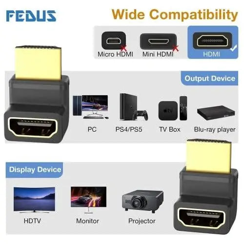 FEDUS Gold Plated HDMI Male to Female Converter Connector Adapter 270 Degree L Shape Angle Converter, HDMI L Shape Flat Extender, for HDTV, Plasma TV, LED, LCD Pack-1 – Black FEDUS