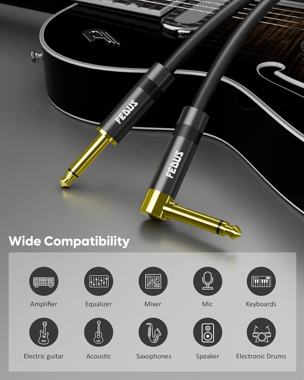 FEDUS Guitar Jack Cable, Electric Instrument cable Wire Bass AMP Cord for Electric Bass Guitar, piano keyboard, Mandolin, Amplifier, Speaker, 1/4 inch Mono Jack 1/4" TS Cable FEDUS