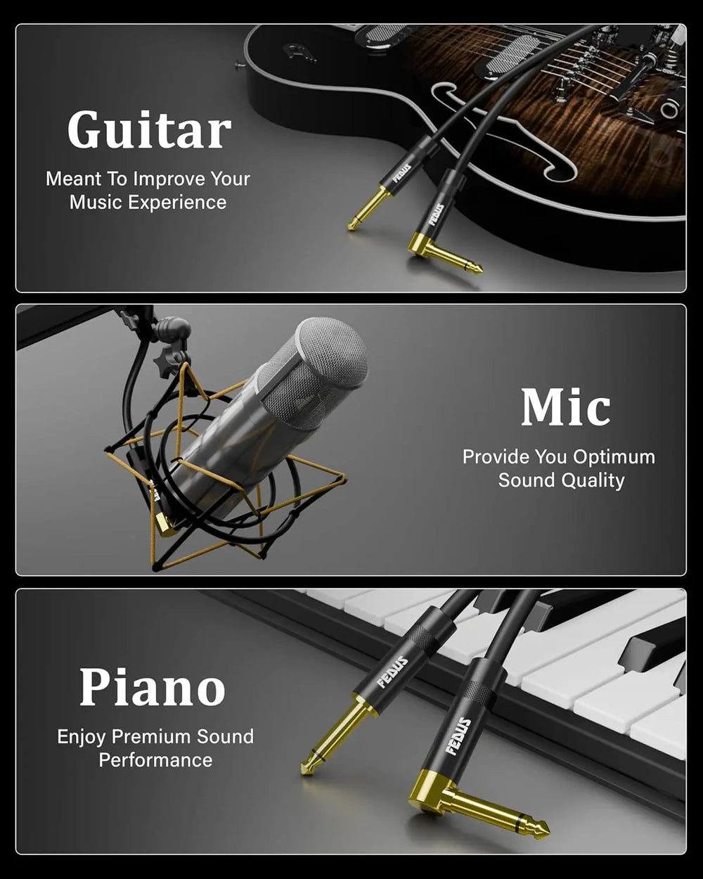 FEDUS Guitar Jack Cable, Electric Instrument cable Wire Bass AMP Cord for Electric Bass Guitar, piano keyboard, Mandolin, Amplifier, Speaker, 1/4 inch Mono Jack 1/4" TS Cable FEDUS