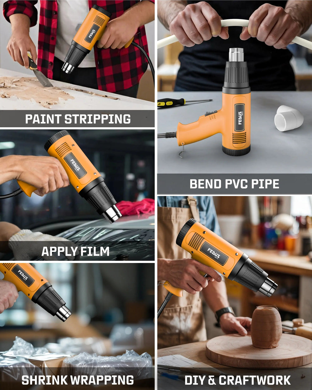 FEDUS Heat Gun Hot Air Gun Temperature Machine 1600W, 2 Temp Settings Great for industrial use & Crafts, Removing & Drying Paint, Shrink Tubing/Wrapping Packing, Bend Plastic Pipes, Epoxy Resin, Yellow FEDUS